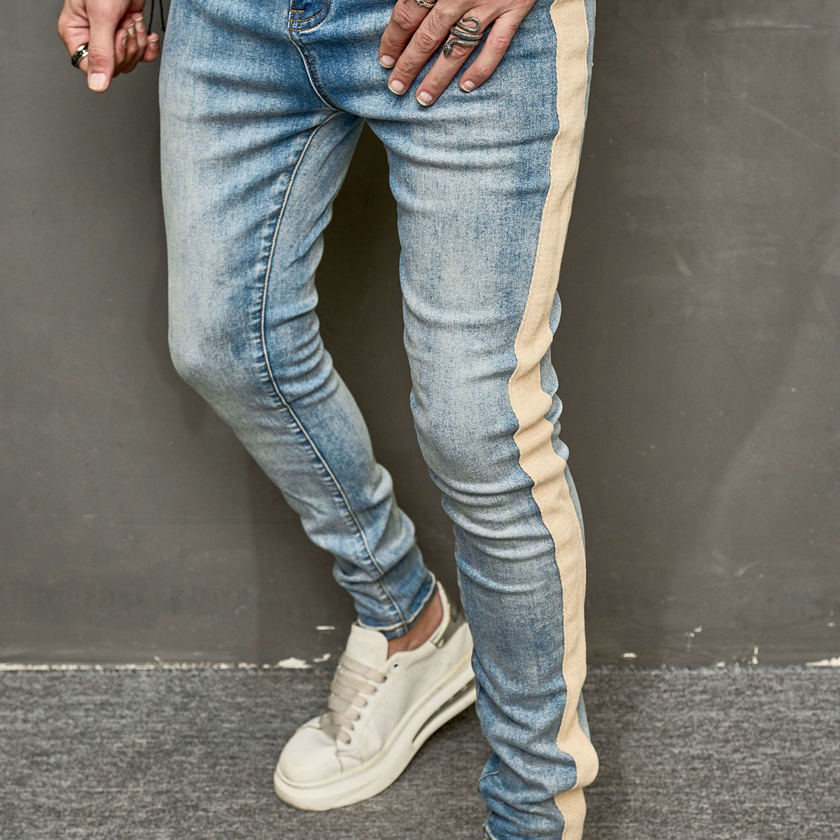 Hearujoy Cross border elastic slim fit motorcycle men's jeans, casual and versatile slimming pants, trendy contrasting striped leggings