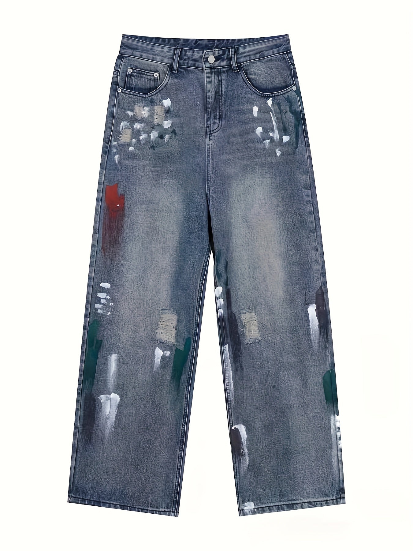 Hearujoy Men's Vintage-Style Straight Leg Jeans with Paint Splatter Design, Loose Fit Distressed Denim for Streetwear and Casual Hip Hop Look