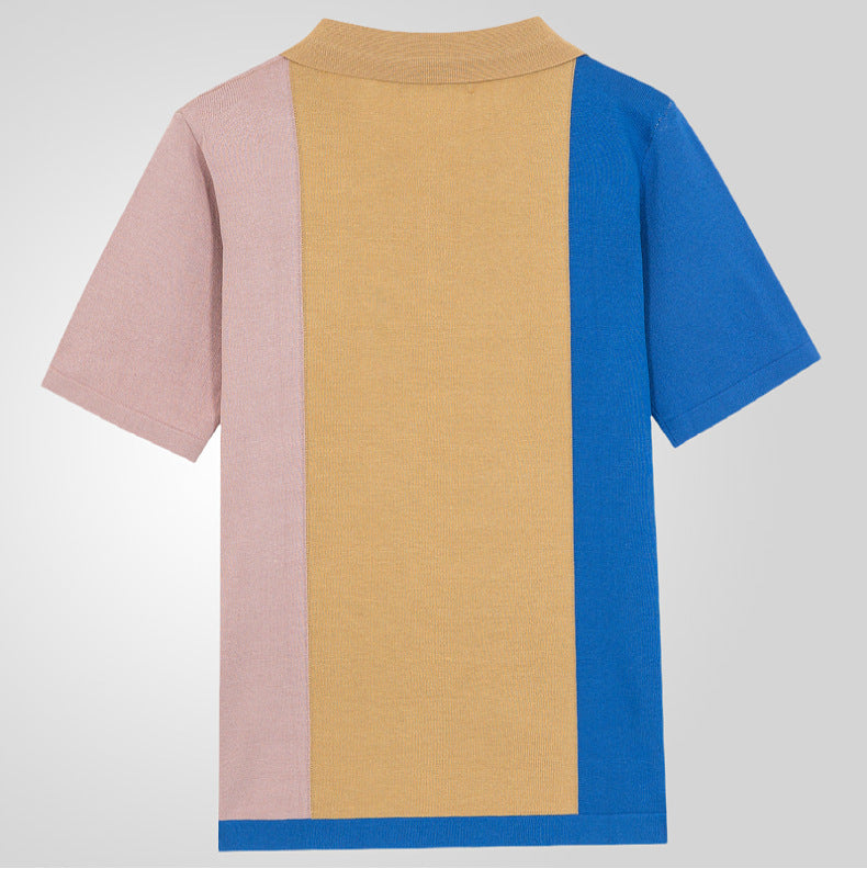 Hearujoy 2025 Summer New Mens contrast color Polo Shirts Knitwear Fashion Patchwork Knit Tops Short Sleeve Button Lapel Polo Tee Tshirt