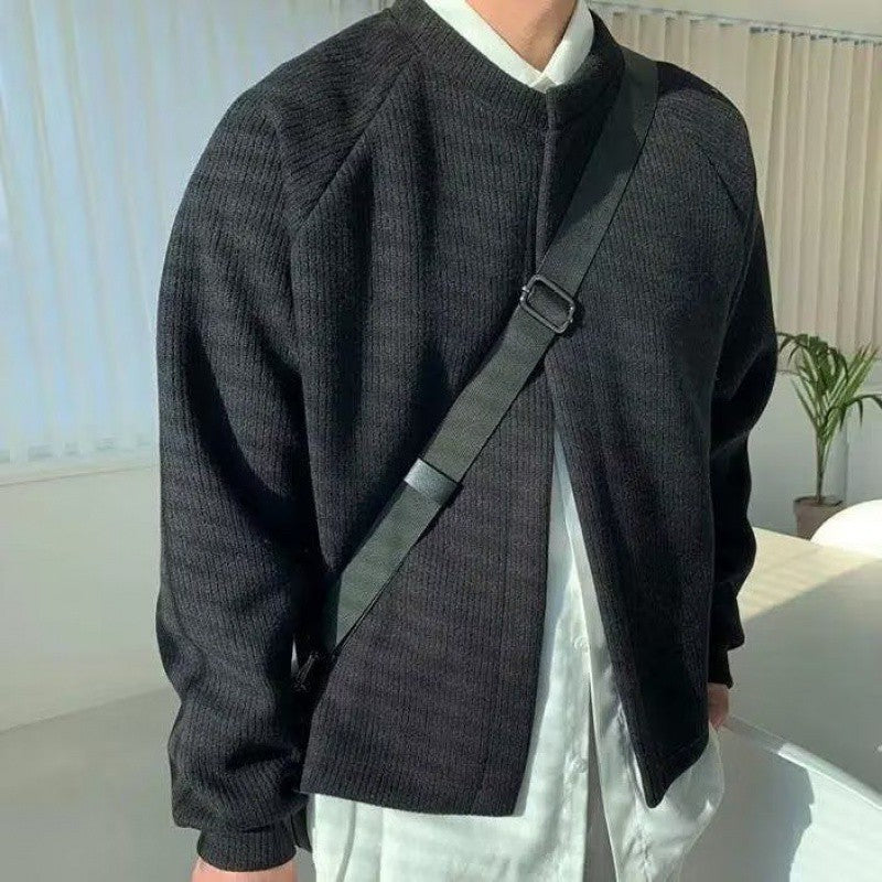 Hearujoy Vintage Solid Color Knitted Cardigan For Men Autumn Round Neck Loose Sweater Fashion Japanese Retro Style Knit Jacket Coat