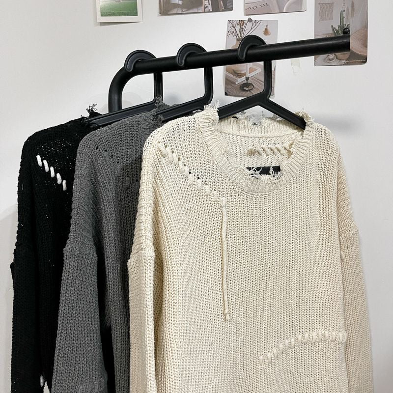 Hearujoy Vintage Hole Tassels Sweater Men Women Autumn Long Sleeves Kint Tops Fashion Loose Knitted Pullover Couples Unisex Streetwear