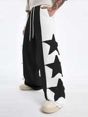 Hearujoy Star Pattern Contrast Trousers, High Street Style Casual Loose Sports Pants with Stitching Detail, Machine Washable Polyester, Daily, Polyester