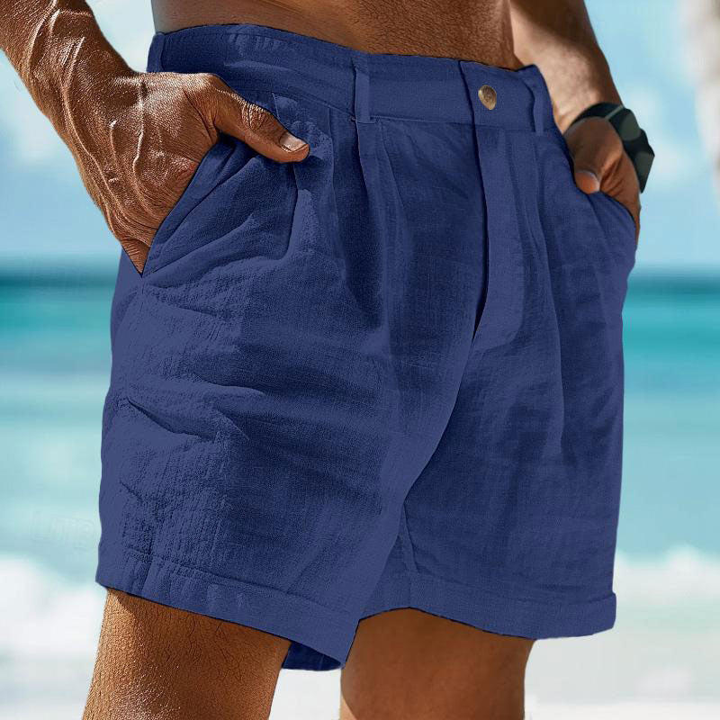 Hearujoy Summer Men Cotton Linen Shorts Solid Color Button Elastic Waist Beach Shorts Lightweight Gym Pants Comfort Breath Holiday Shorts