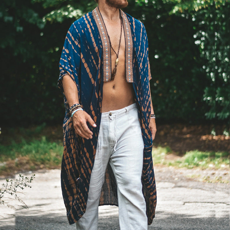 Hearujoy Fashion Shawl  Mens Print Long Shirt Cardigan Summer Hawaiian Beach Sunscreen Cloak Casual Loose Cape Coat Clothing For Men 6XL