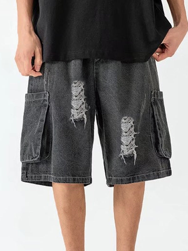 Hearujoy Dark grey vintage men's denim shorts with ripped pockets