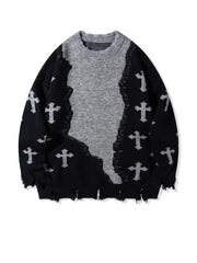 Hearujoy Distressed Cross Pattern Knit Sweater - Black & Gray Casual Loose-Fit Pullover for Fall/Winter, Soft Polyester Blend, Hand Washable, Clothing|Trendy Pullover|Stylish Fringe Detail, Cute Sweaters