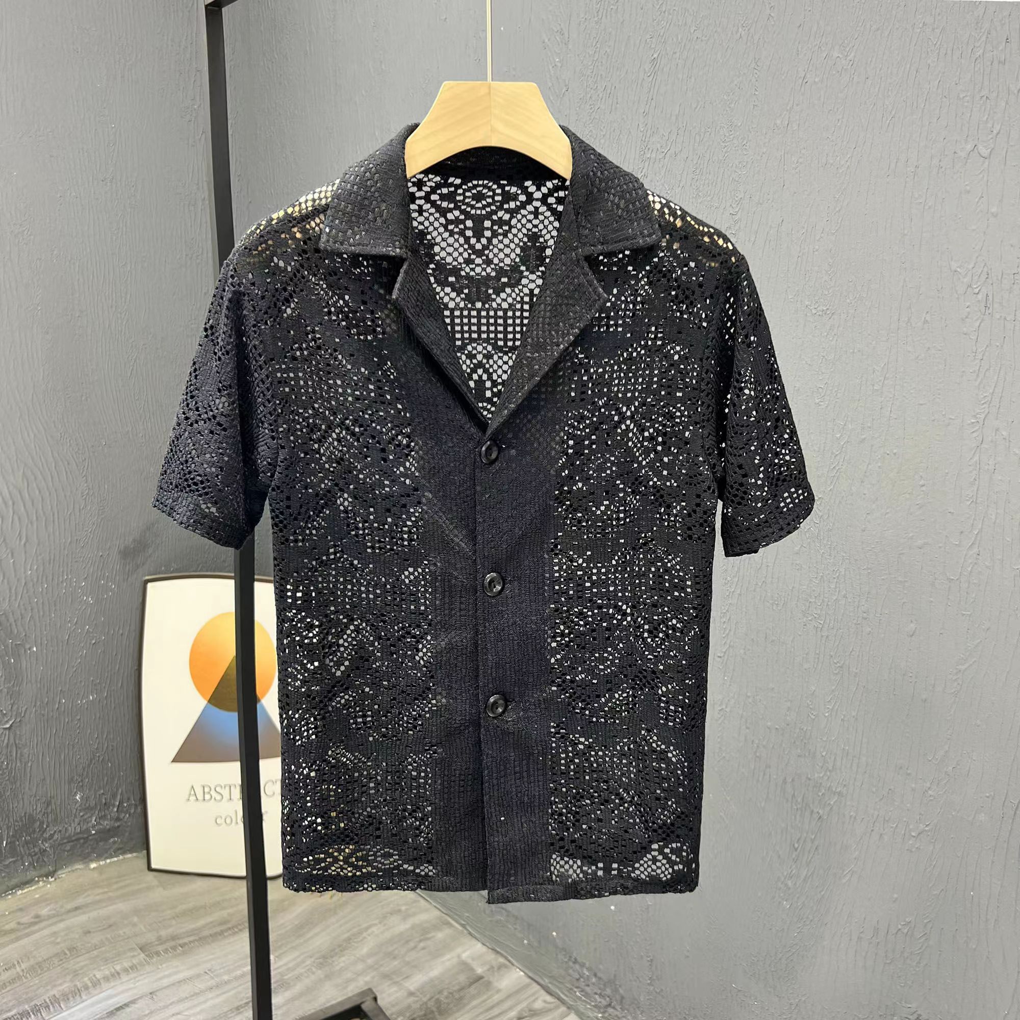 Hearujoy Vintage Ice Silk Lace Shirts For Men Sexy Lace Breathable Hollow Out Tops Summer Fashion Cuban Collar Short Sleeved Shirt Male