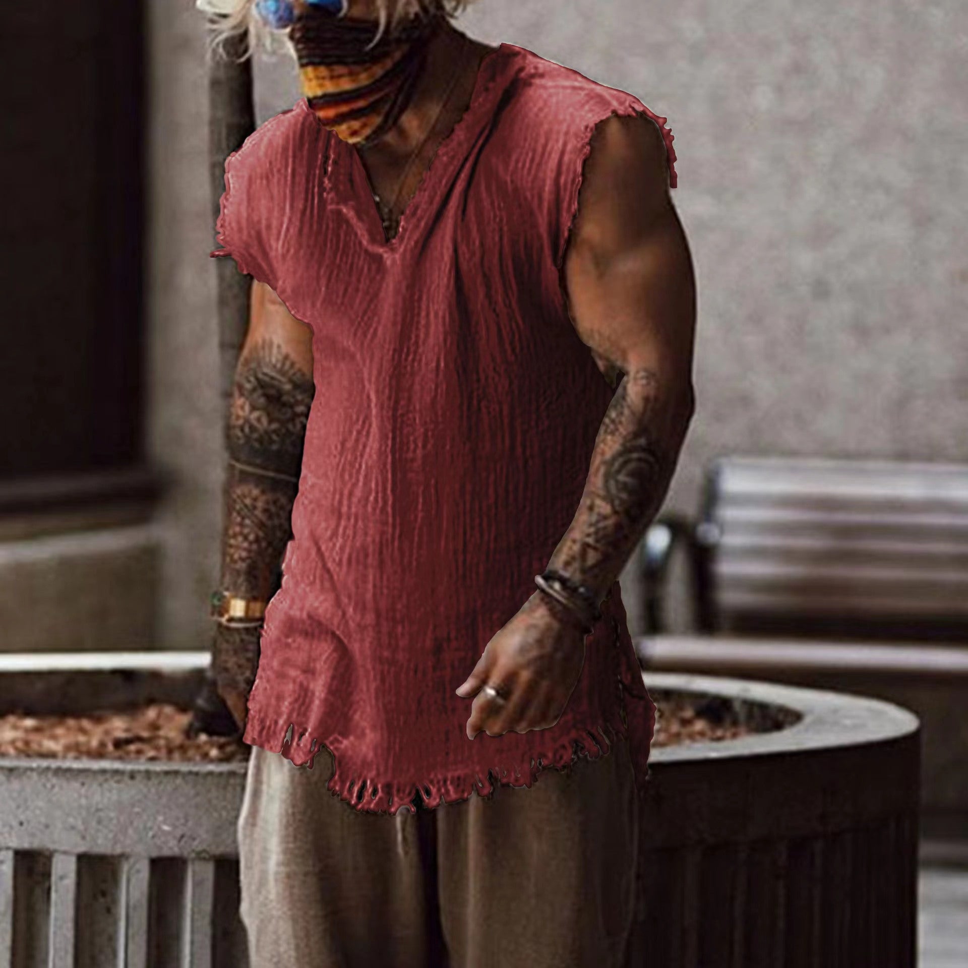 Hearujoy Vintage Tassels T-shirt Top Men Sleeveless V-Neck Loose Tank Blouse Summer Newest Male Fashion Waistcoat Tshirt Vest Streetwear