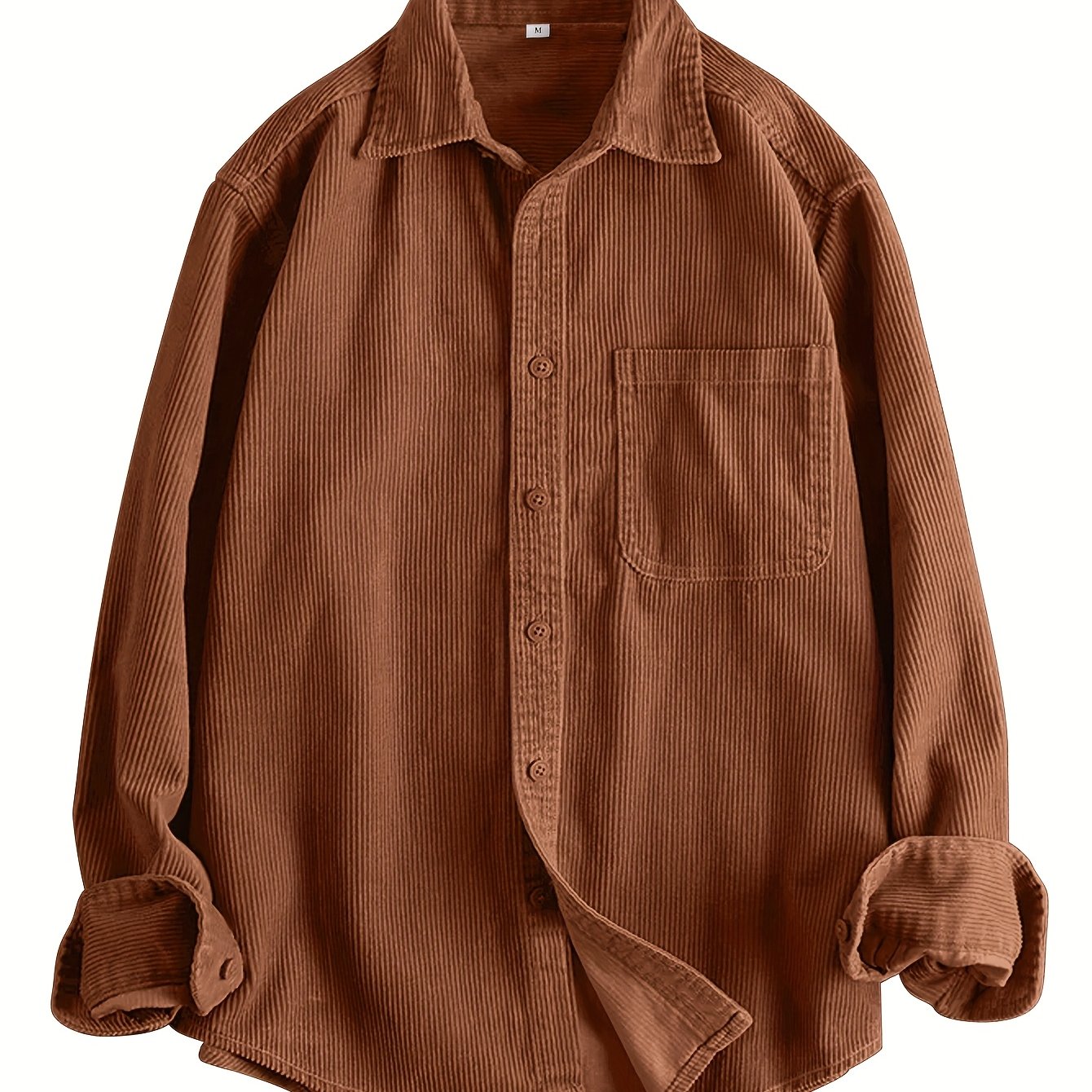 HEARUJOY  -  Men's Casual Corduroy Long Sleeve Shirt - Solid Color, Button Detail, Single Breasted, Loose Fit - Polyester 100%, Non-Stretch Fabric, 270gsm, Acetate Lining, Lapel Collar, Woven Placket, Weeke
