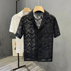 Hearujoy Vintage Ice Silk Lace Shirts For Men Sexy Lace Breathable Hollow Out Tops Summer Fashion Cuban Collar Short Sleeved Shirt Male