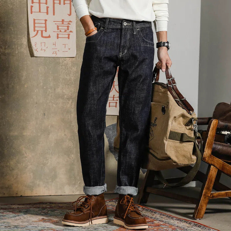 Hearujoy American Vintage Heavy weight Denim pants Men Spring Autumn Dark Straight Jeans Amekaji Trousers Back Paris Buckle Cargo Pants
