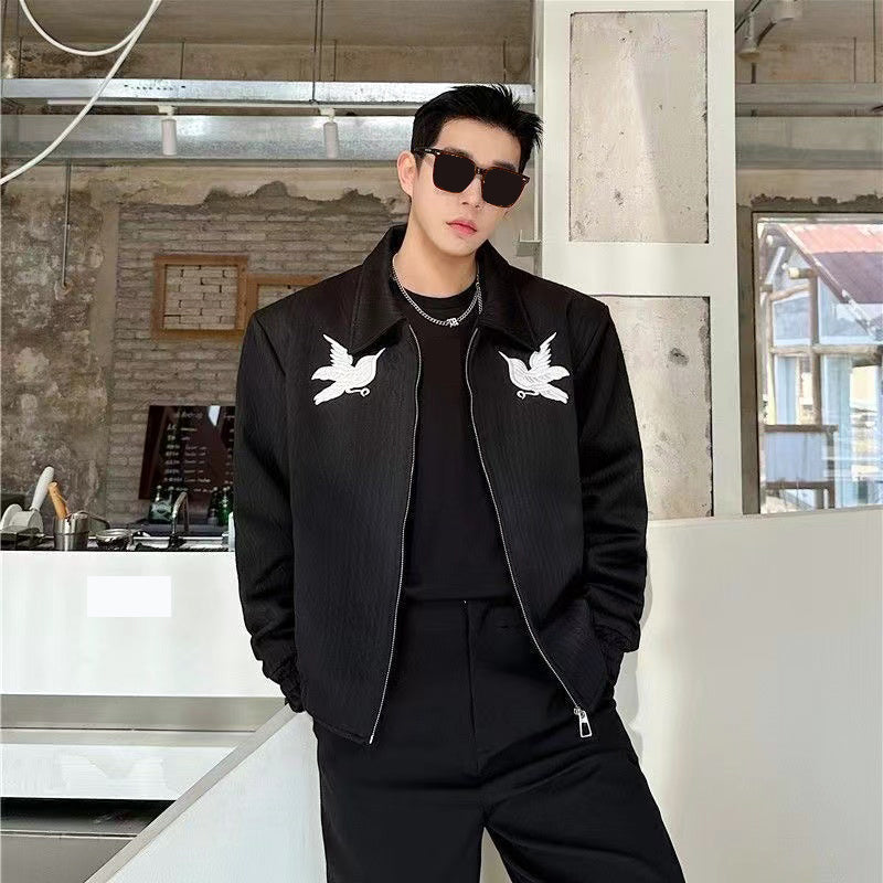 Hearujoy American Trend Jacket For Men Bird Embroidery jacquard Y2K Tops Coat Fall Fashion Loose Lapel Jackets Outerwear Streetwear