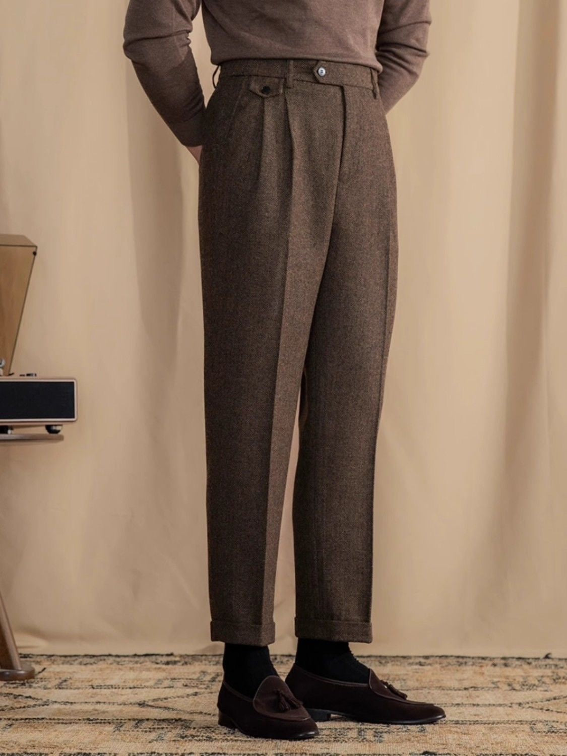 Hearujoy Italian Vintage Suit Pant For Men Autumn Winter Wool Herringbone Pattern Straight Trousers British Style Business Casual Pants