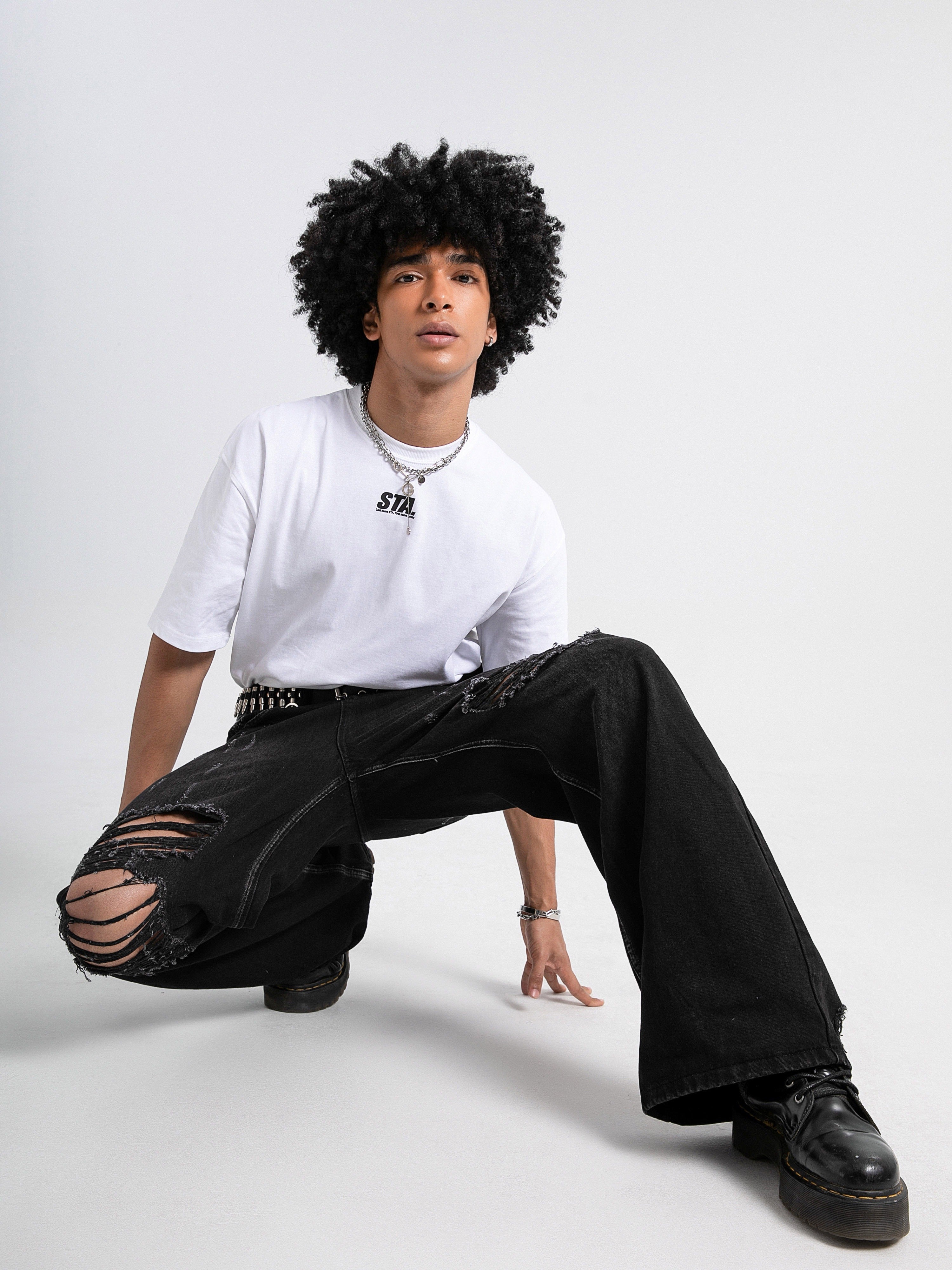 Hearujoy [Distressed Men's Street Jeans Designs] Men's Jeans With Distressed Designs On The Street, Men's Ins Street Dance Skateboard, Loose Straight Leg Casual Denim Pants