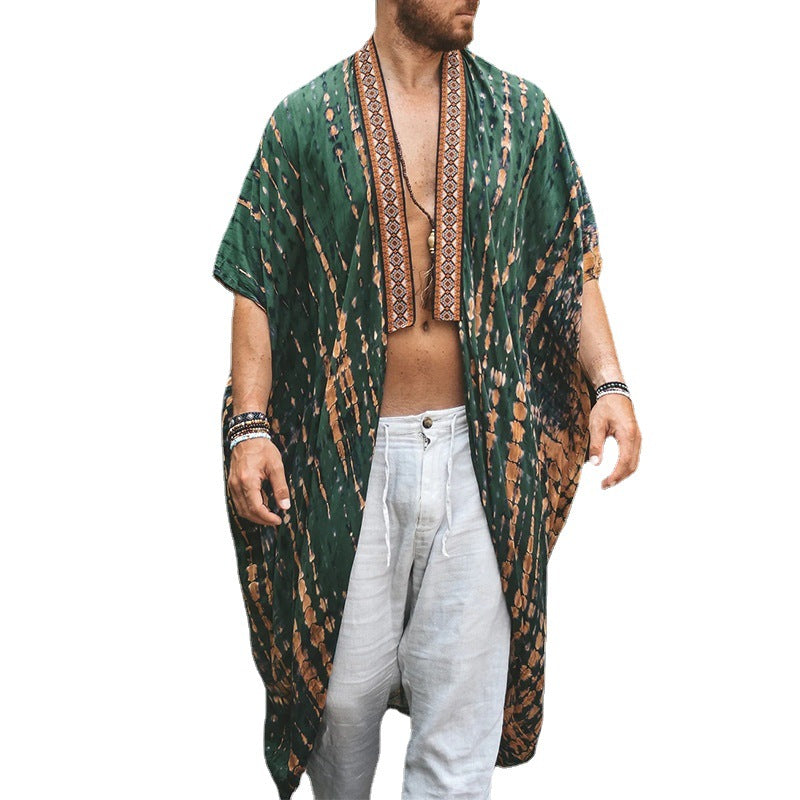 Hearujoy Fashion Shawl  Mens Print Long Shirt Cardigan Summer Hawaiian Beach Sunscreen Cloak Casual Loose Cape Coat Clothing For Men 6XL