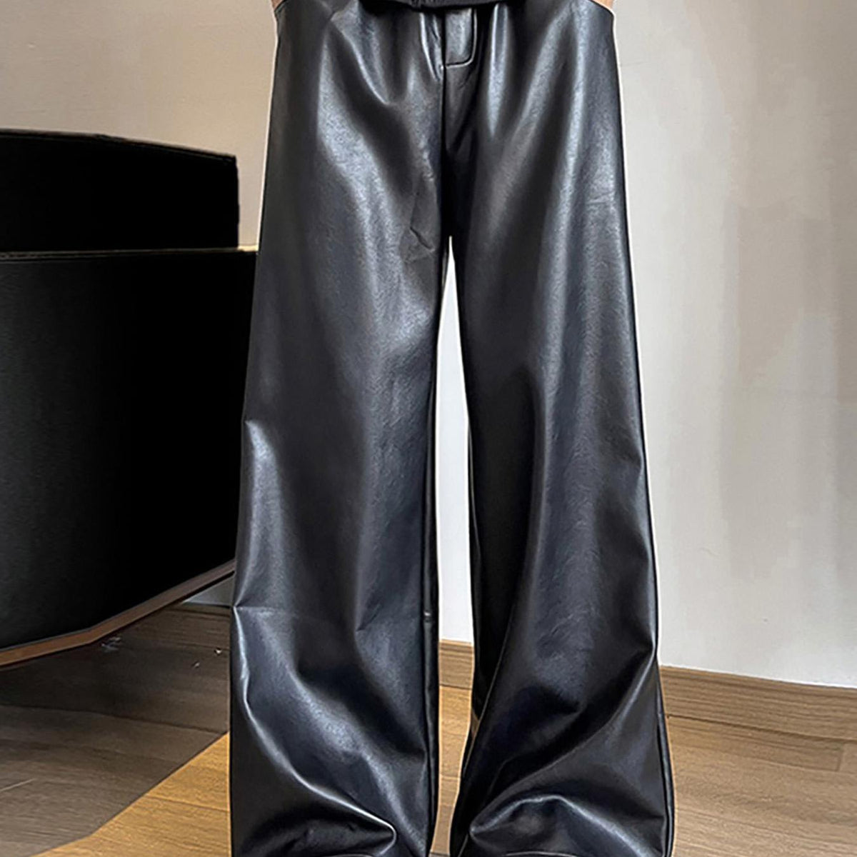 HEARUJOY  -  Men's Casual Straight Leg Pants with Buttoned Waist - Brown Shiny Fabric, Loose Fit for Streetwear, Hip-Hop Style, and Party Wear