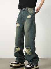 Hearujoy Men's Denim New Design Sense Street Dance Hip-hop Skateboard Hole Straight Leg Jeans Frosted Wide Leg Loose Casual Denim Pants
