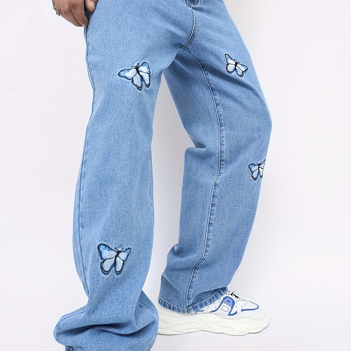 Hearujoy Men'S High Street Style Loose Fit Faux Denim Faux Denim, Wide Leg, Non-Stretch Cotton Blend, Solid Color, Regular Length, with Butterfly Print, for All-Season Wear