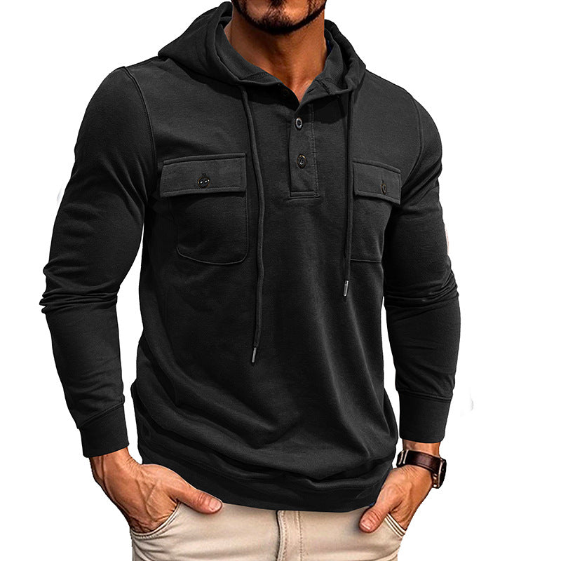 Hearujoy Vintage Men Cotton Hoodie Sweatshirt Fall Casual Loose Long Sleeve Sports Pocket Hooded Pullovers Fashion Solid Tops Streetwear