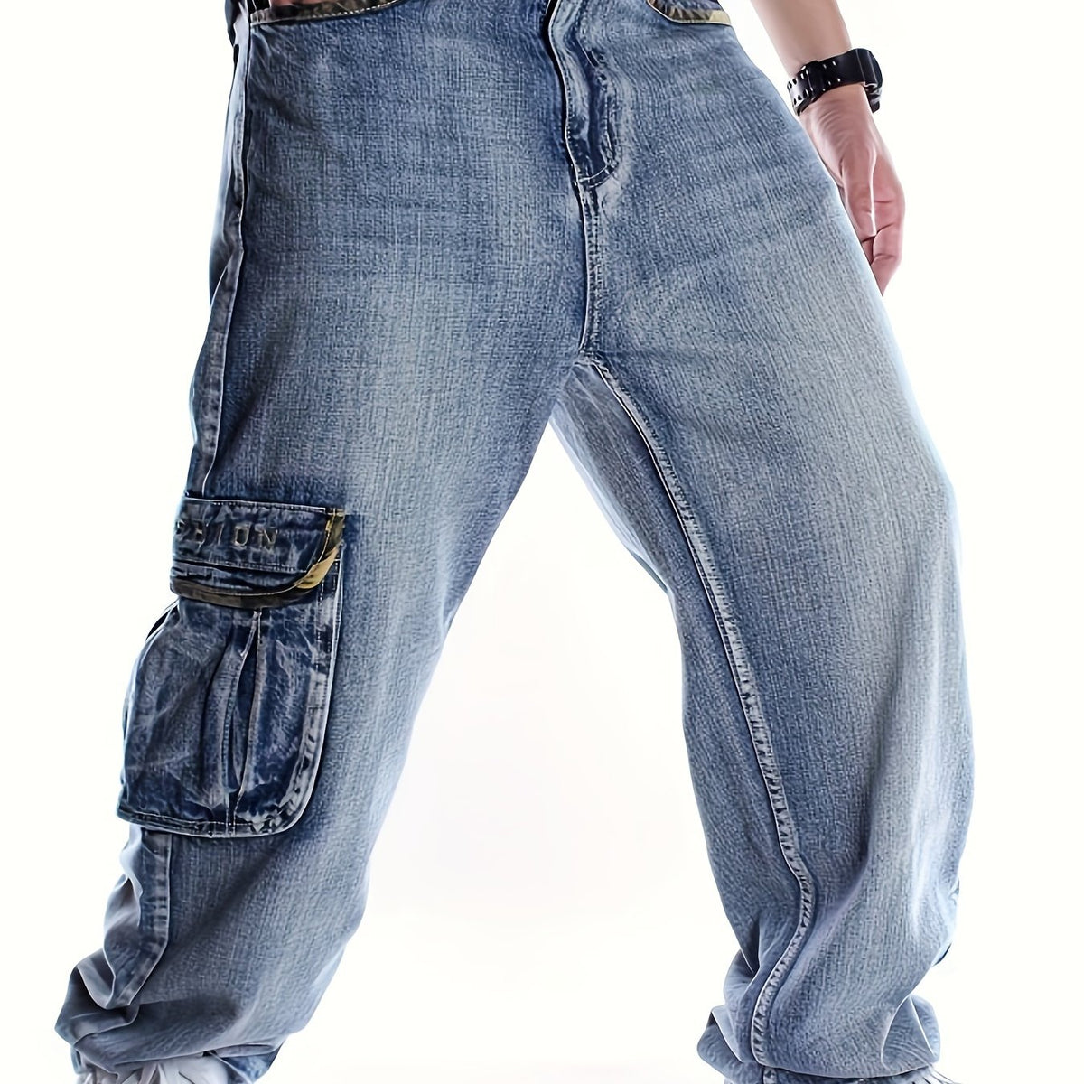Hearujoy [Loose Oversized Light Jeans] Men's multi pocket light colored jeans, loose and oversized long pants, men's street trend hip-hop oversized street dance skateboard pants, suitable for all seasons