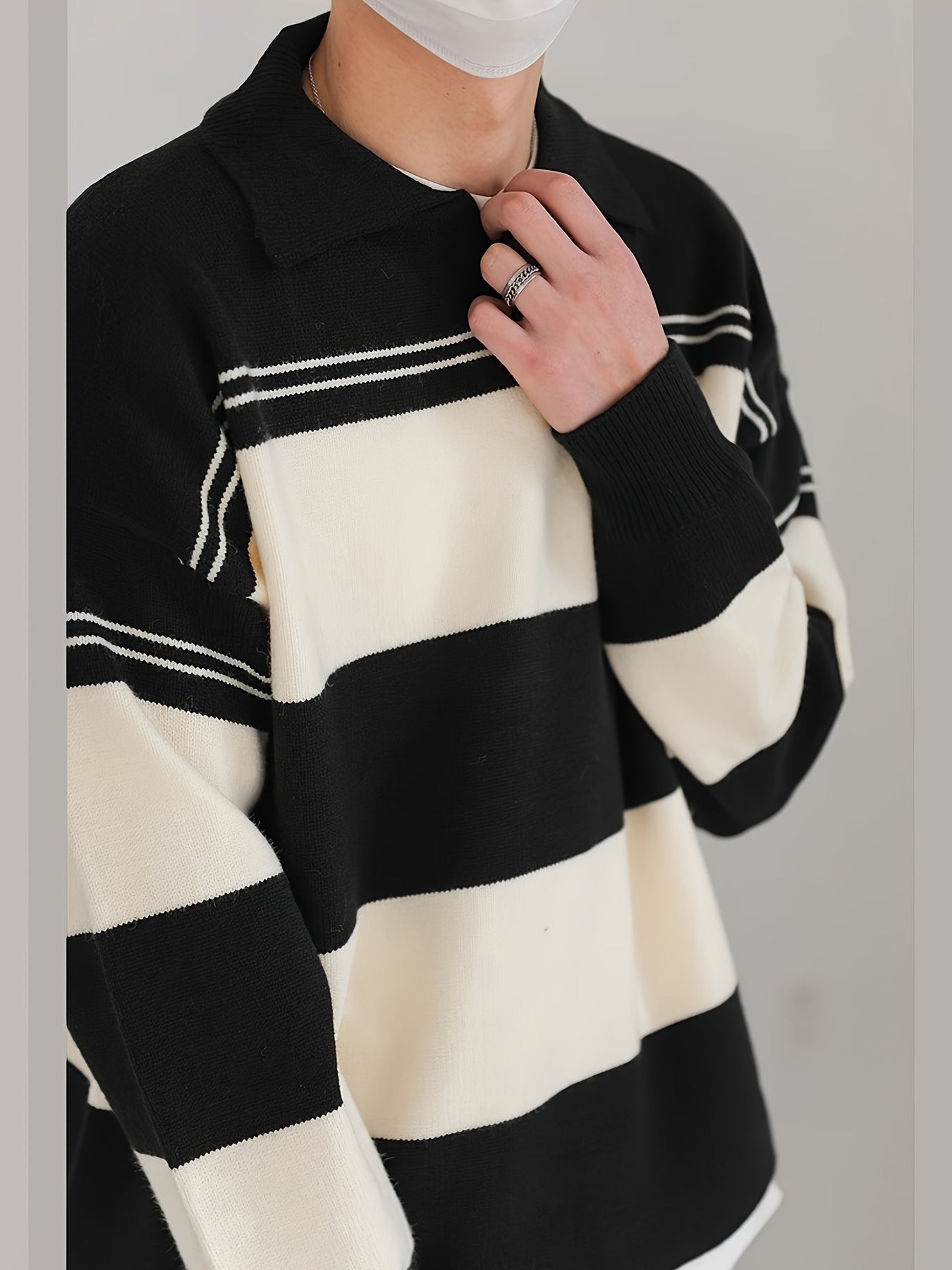 Hearujoy Men's Preppy Striped Knit Shirt - Casual Long Sleeve, Loose Fit for Spring/Fall