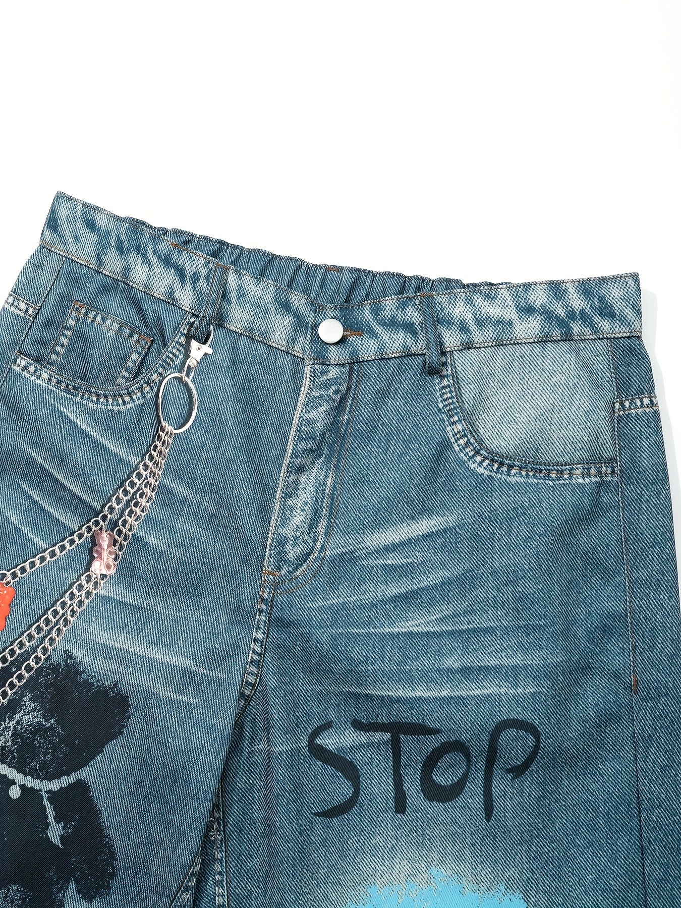 Hearujoy Men'S Street Style Wide Leg Faux Denim, 100% Polyester, Unique Chain Print & Burnout Design, Casual Mid Waist with Pockets, Non-Stretch Woven Fabric, Zipper Placket, Loose Fit, Regular Length