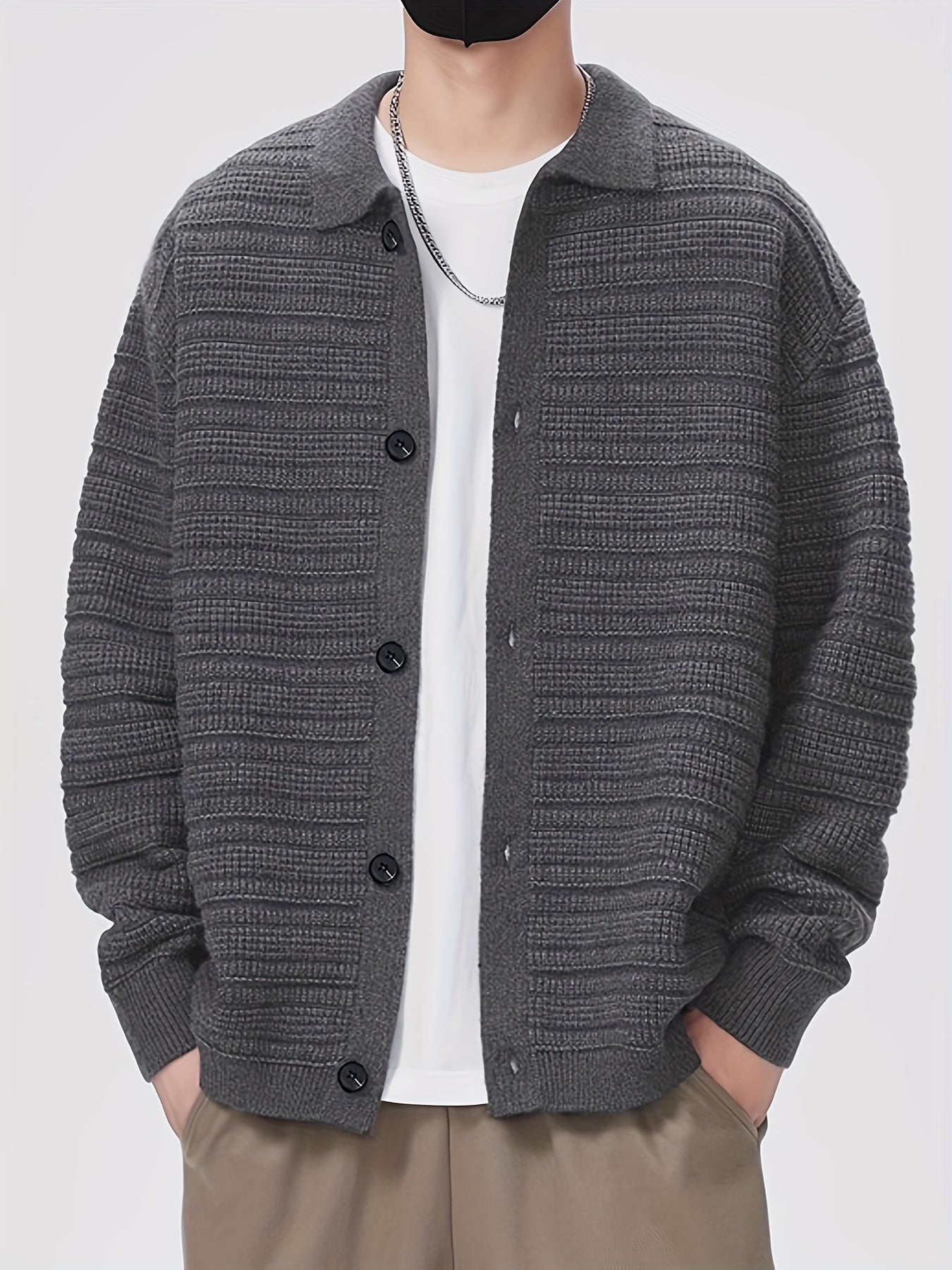 Hearujoy Men'S Fall/Winter Casual Rib-Knit Cardigan, Acrylic Blend, Preppy Style, Loose Fit, Relaxed Shoulder, Long Sleeve, Solid Color, Medium Stretch, Knit Fabric, with Lapel Collar and Open Front for Men