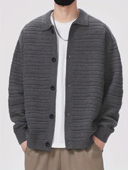 Hearujoy Men'S Fall/Winter Casual Rib-Knit Cardigan, Acrylic Blend, Preppy Style, Loose Fit, Relaxed Shoulder, Long Sleeve, Solid Color, Medium Stretch, Knit Fabric, with Lapel Collar and Open Front for Men