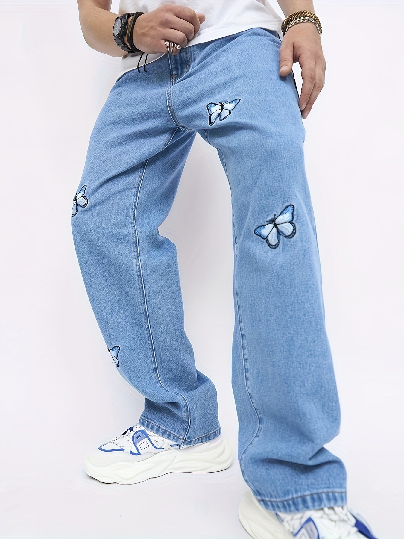 Hearujoy Men'S High Street Style Loose Fit Faux Denim Faux Denim, Wide Leg, Non-Stretch Cotton Blend, Solid Color, Regular Length, with Butterfly Print, for All-Season Wear