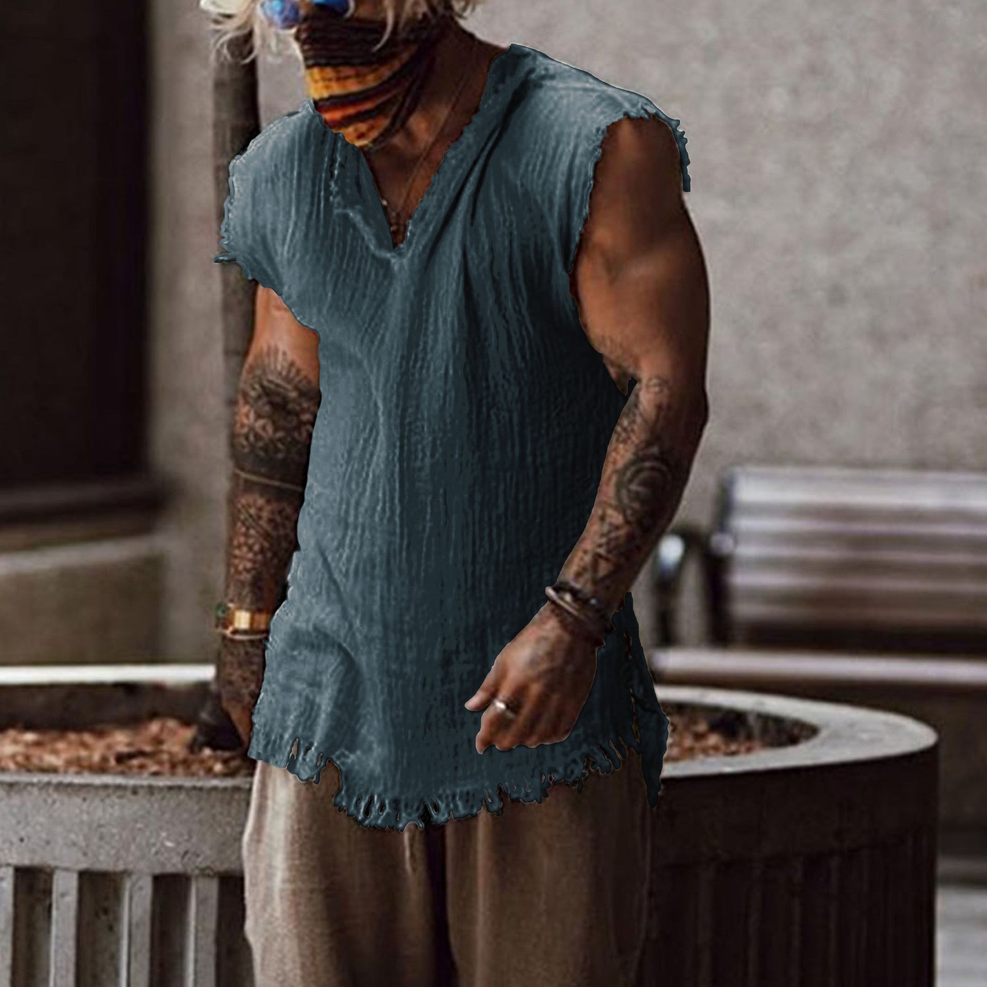 Hearujoy Vintage Tassels T-shirt Top Men Sleeveless V-Neck Loose Tank Blouse Summer Newest Male Fashion Waistcoat Tshirt Vest Streetwear