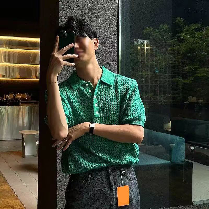 Hearujoy Summer Short Sleeved Knitted Polo Shirt Men Senior Korean Slim Fit Top Fashion Casual  hollow out Kint Tshirts High Quality