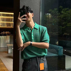 Hearujoy Summer Short Sleeved Knitted Polo Shirt Men Senior Korean Slim Fit Top Fashion Casual  hollow out Kint Tshirts High Quality