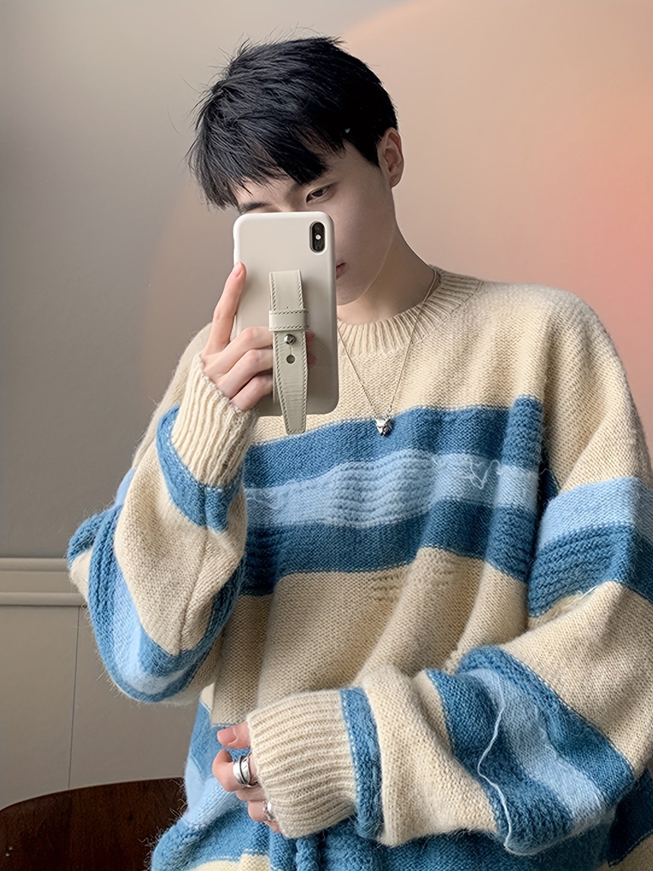 Hearujoy 1pc Korean Style Cozy Fleece-Lined Crew Neck Sweater for Men - Casual Polyester Striped Pullover with Contrasting Colors, Loose Fit, Thermal Insulation, Knitted Fabric, Adult - Fall/Winter Essential