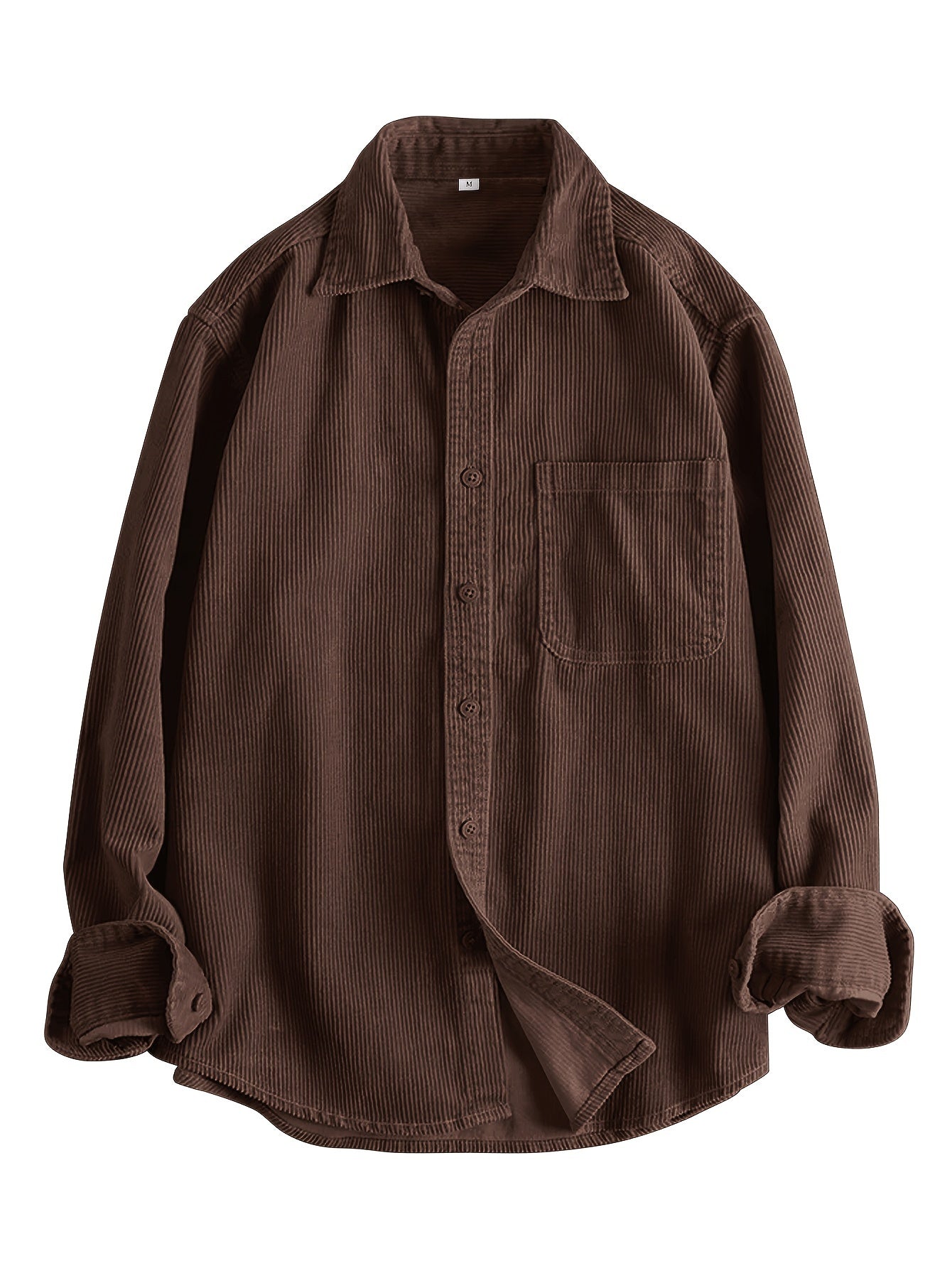 HEARUJOY  -  Men's Casual Corduroy Long Sleeve Shirt - Solid Color, Button Detail, Single Breasted, Loose Fit - Polyester 100%, Non-Stretch Fabric, 270gsm, Acetate Lining, Lapel Collar, Woven Placket, Weeke