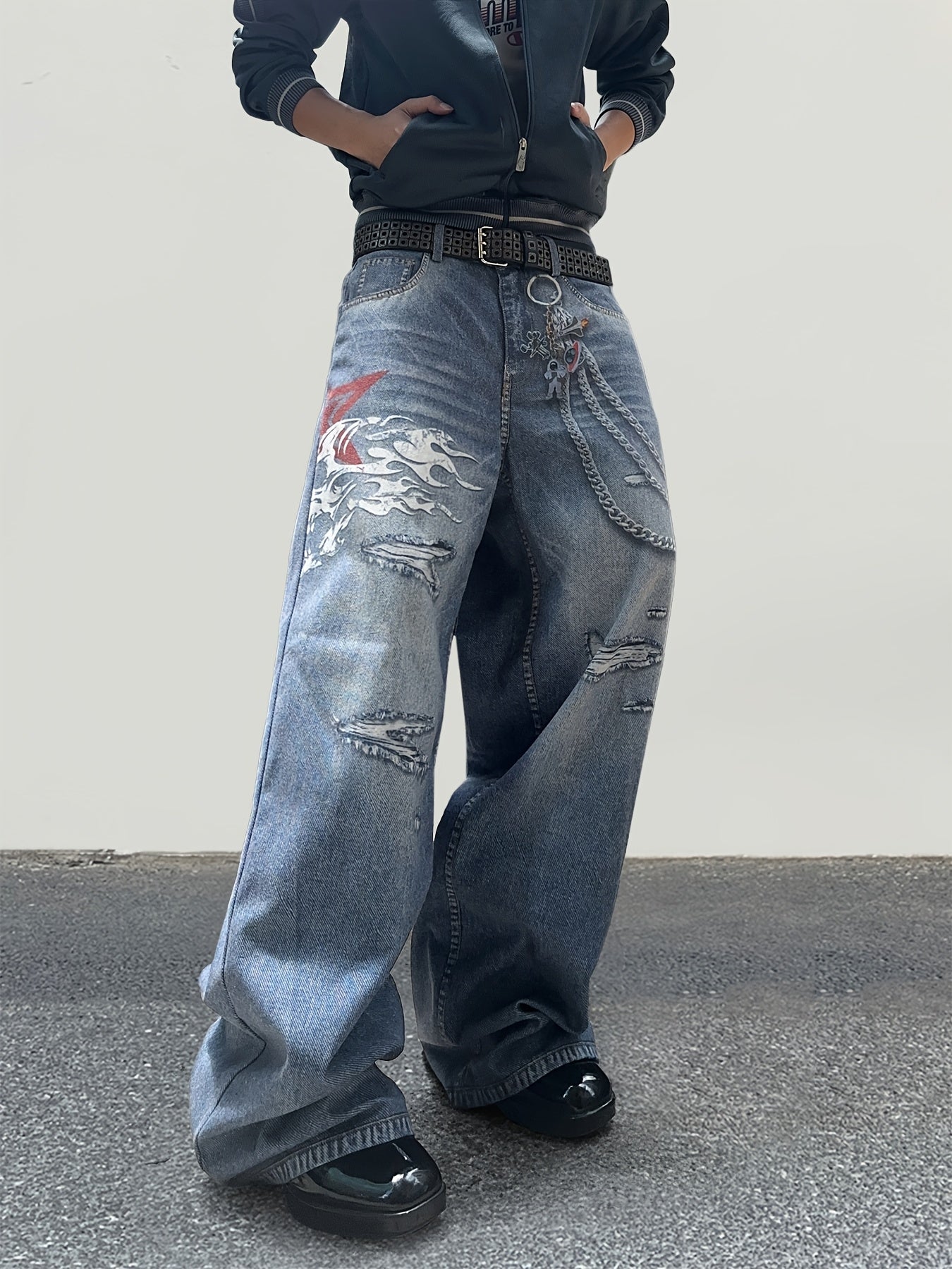 Hearujoy Men's Trendy Loose-Fit Chain Print Faux Denim Pants - Street Style Casual Straight Leg, Machine Washable