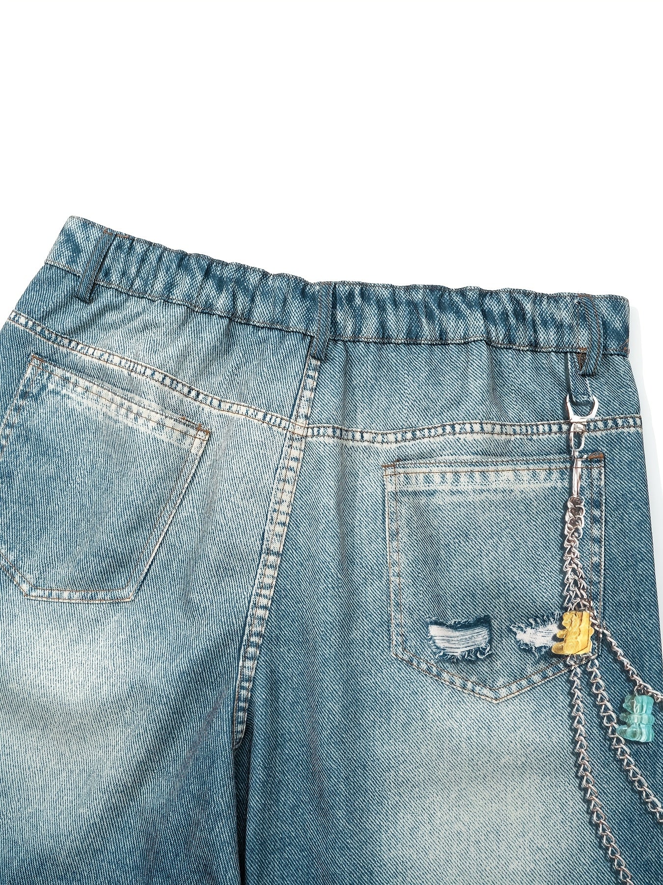 Hearujoy Men'S Street Style Wide Leg Faux Denim, 100% Polyester, Unique Chain Print & Burnout Design, Casual Mid Waist with Pockets, Non-Stretch Woven Fabric, Zipper Placket, Loose Fit, Regular Length