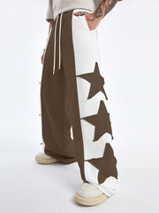 Hearujoy Star Pattern Contrast Trousers, High Street Style Casual Loose Sports Pants with Stitching Detail, Machine Washable Polyester, Daily, Polyester