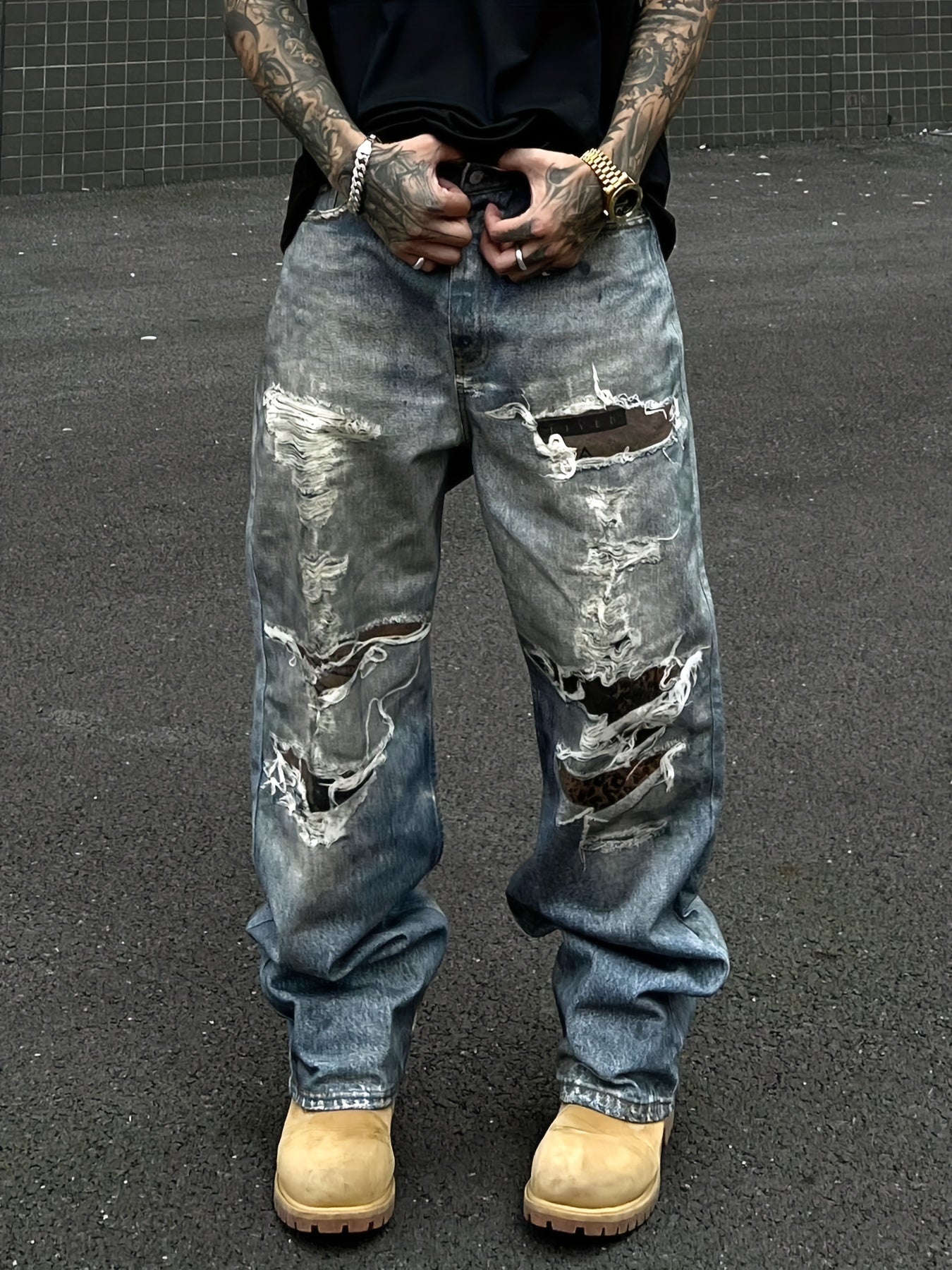Hearujoy Men's Fashion Distressed Print Jeans - Loose Fit, Mid Waist, Polyester Non-Stretch Fabric, with Pockets, Zipper Fly, for Daily Casual Wear