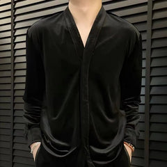 Hearujoy Retro Velvet Shirt For Men Spring Autumn V-neck Long Sleeve Versatile Top Fashion Light Luxury Vintage Mature Shirts Streetwear