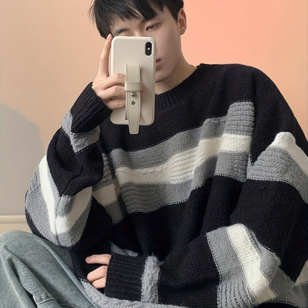 Hearujoy 1pc Korean Style Cozy Fleece-Lined Crew Neck Sweater for Men - Casual Polyester Striped Pullover with Contrasting Colors, Loose Fit, Thermal Insulation, Knitted Fabric, Adult - Fall/Winter Essential