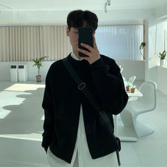 Hearujoy Vintage Solid Color Knitted Cardigan For Men Autumn Round Neck Loose Sweater Fashion Japanese Retro Style Knit Jacket Coat