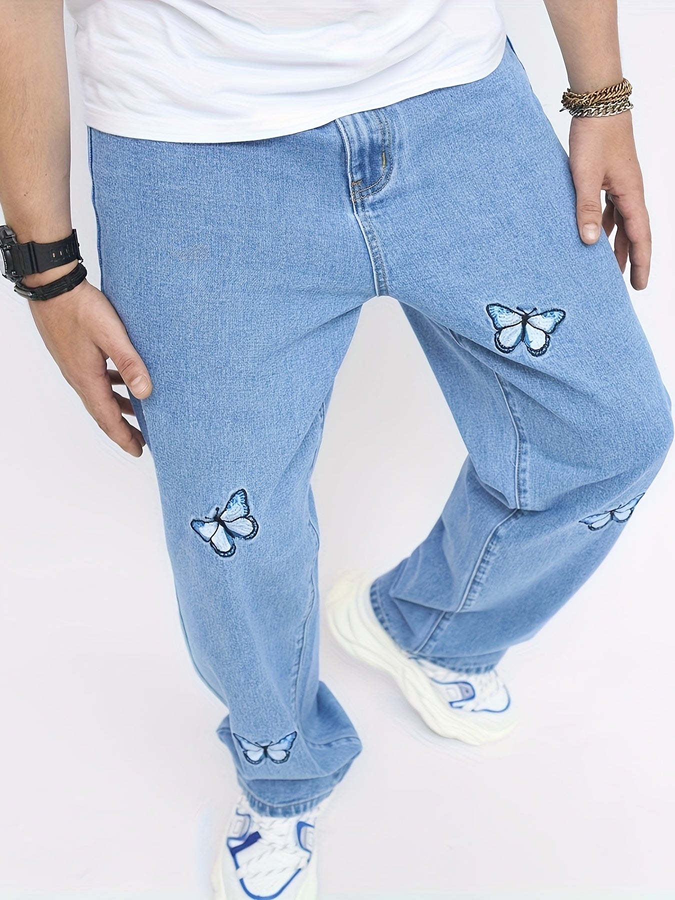 Hearujoy Men'S High Street Style Loose Fit Faux Denim Faux Denim, Wide Leg, Non-Stretch Cotton Blend, Solid Color, Regular Length, with Butterfly Print, for All-Season Wear