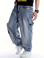 Hearujoy [Loose Oversized Light Jeans] Men's multi pocket light colored jeans, loose and oversized long pants, men's street trend hip-hop oversized street dance skateboard pants, suitable for all seasons