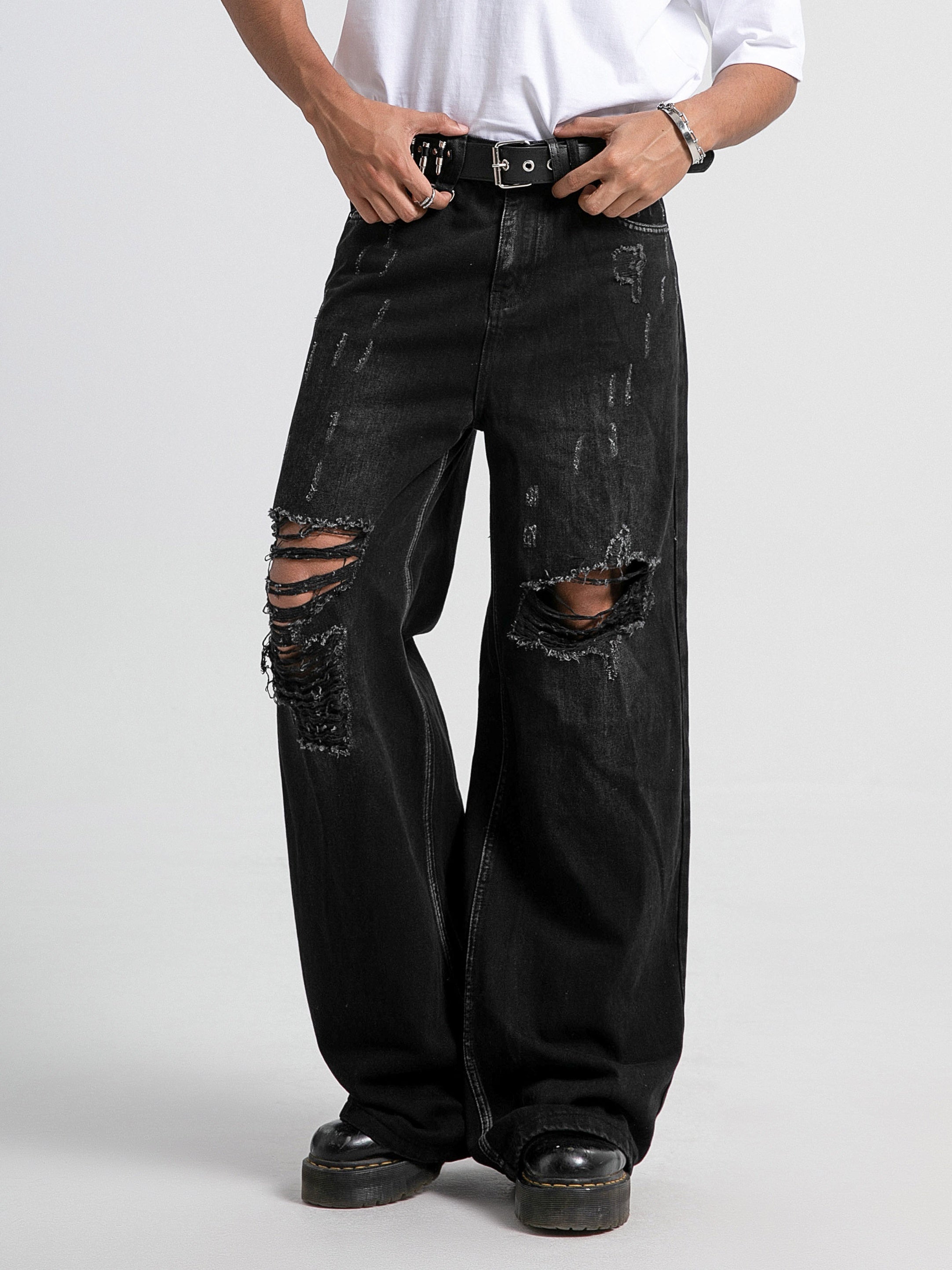 Hearujoy [Distressed Men's Street Jeans Designs] Men's Jeans With Distressed Designs On The Street, Men's Ins Street Dance Skateboard, Loose Straight Leg Casual Denim Pants