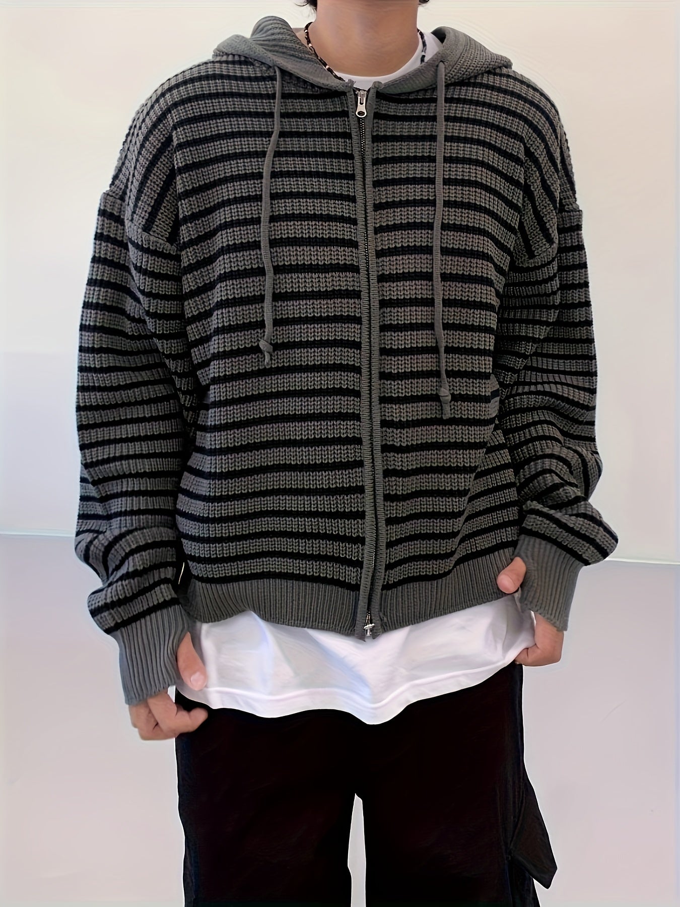HEARUJOY  -  Men's Casual Striped Hooded Knit Cardigan - Soft Acrylic Zip-Up Sweater, Loose Fit for All Seasons, Black & White Vertical Stripes, Perfect for Commuting or Leisure Outings, Allseason Sweater | Zipup Cardigan | S