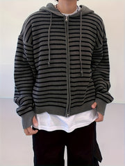 HEARUJOY  -  Men's Casual Striped Hooded Knit Cardigan - Soft Acrylic Zip-Up Sweater, Loose Fit for All Seasons, Black & White Vertical Stripes, Perfect for Commuting or Leisure Outings, Allseason Sweater | Zipup Cardigan | S