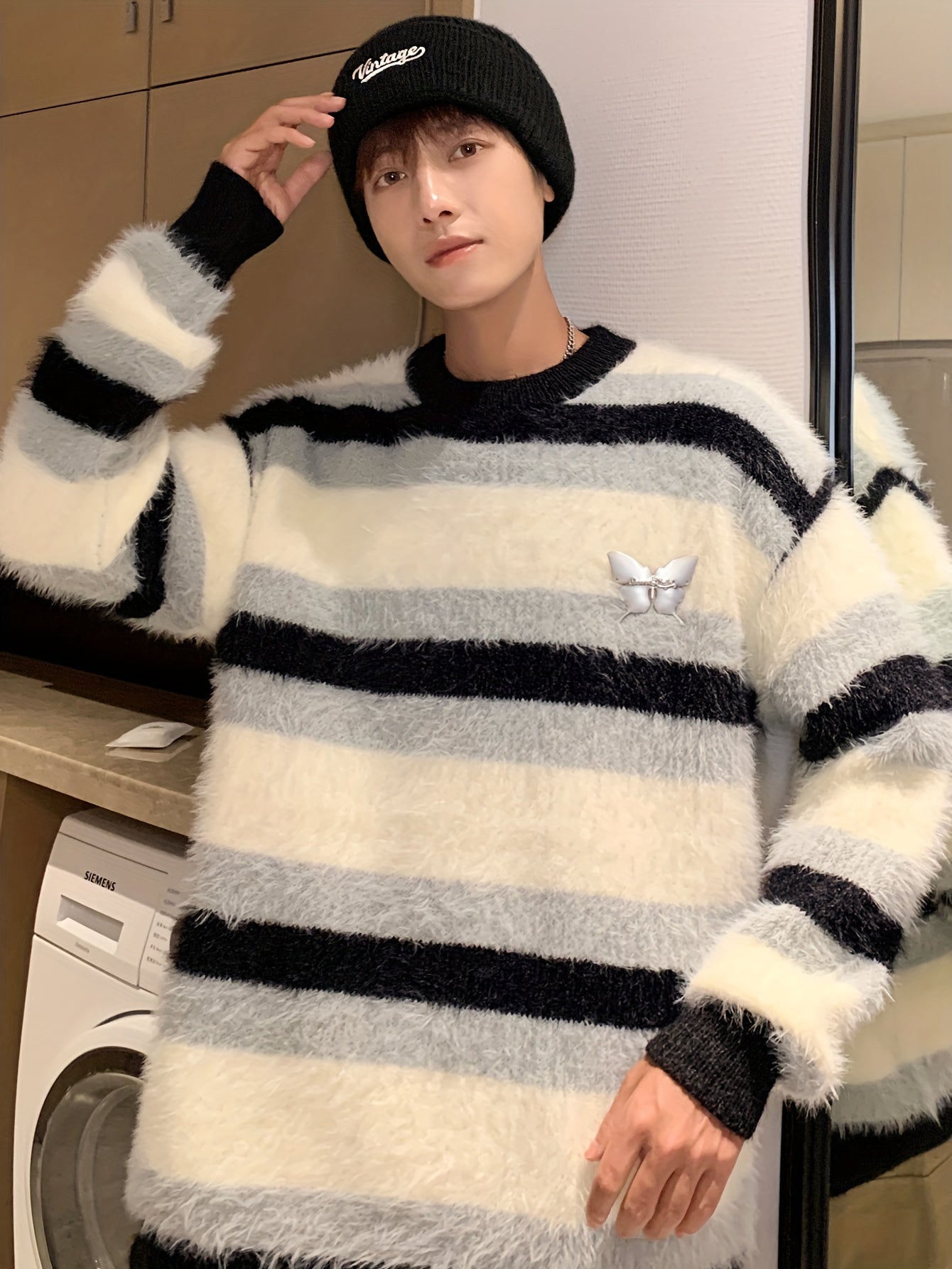 Men'S Casual Crew Neck Sweater, 100% Polyester Knit Fabric, Striped Color Block, Loose Fit, Medium Stretch, Fall/Winter Outerwear, Soft and Cozy Couples' Sweater