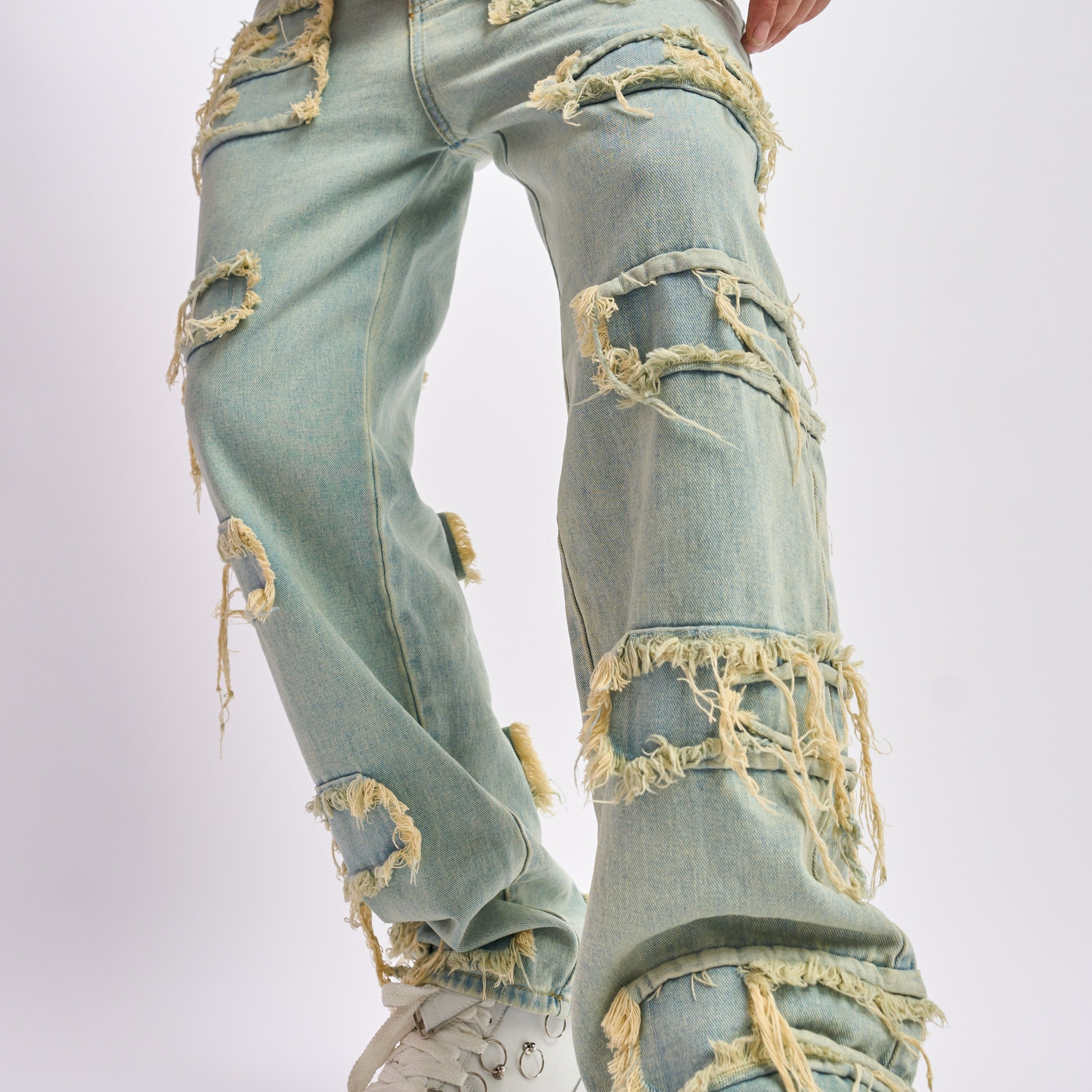 Hearujoy Solid Cotton Blend Frayed Wide Leg Jeans - Men's Stylish Street Style Bottoms