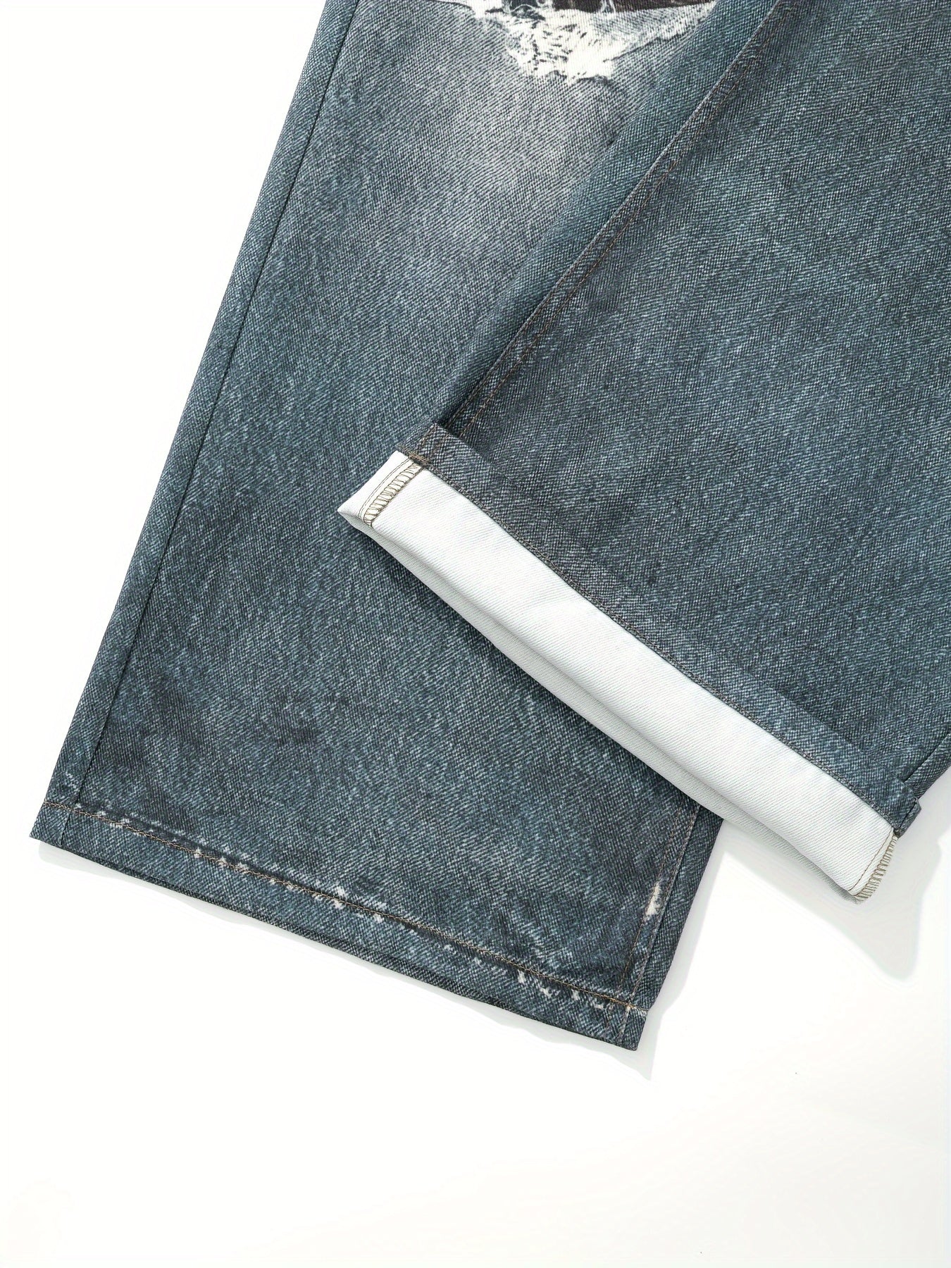 Hearujoy Men's Fashion Distressed Print Jeans - Loose Fit, Mid Waist, Polyester Non-Stretch Fabric, with Pockets, Zipper Fly, for Daily Casual Wear