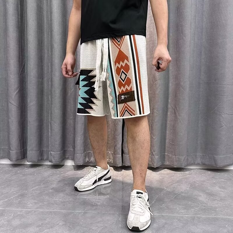 Hearujoy American Vintage Navajo Knit Shorts Summer Mens Ethnic Style Patchwork Pocket Short Trousers Summer Breathable Loose Shorts